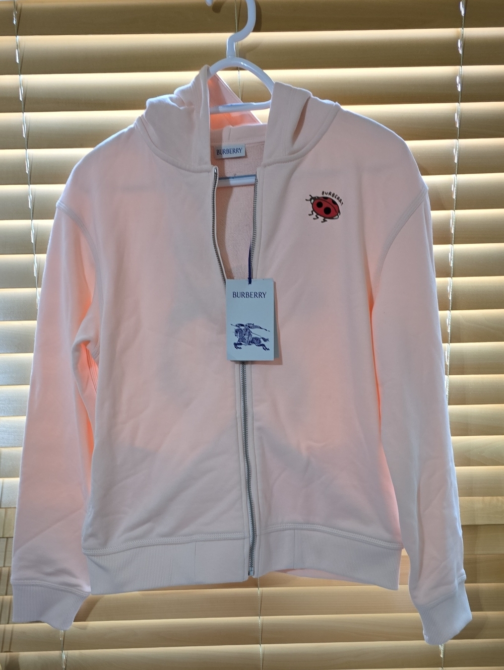 NWT Burberry Light Pink Hooded Zip-Up Jacket with Ladybug Embroidery